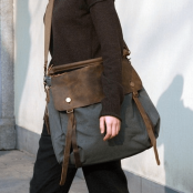 06TM Płócienno-skórzana damska torba worek na ramię crossbody MAI™ - szara